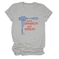 Dettaglio della t-shirt grigia girocollo con la stampa more spaghetti less upsetti - S / Grigio chiaro