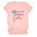 Detail of light pink T-shirt featuring rolled sleeves and witty spaghetti print - S / Pink
