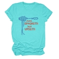 Detailed view of turquoise cotton T-shirt featuring More Spaghetti Less Upsetti graphic - S / Deep Water Blue