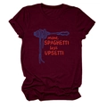 Close-up of more spaghetti less upsetti graphic print on burgundy cotton t-shirt - S / Burgundy