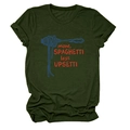 Detail of more spaghetti less upsetti graphic print on dark green cotton T-shirt - S / Army Green