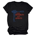 Detail of creative fork and spaghetti graphic print on a black cotton crewneck t-shirt - S / Black
