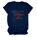 Detail of creative 'more spaghetti less upsetti' print on navy blue cotton T-shirt - S / Navy Blue
