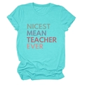 Detail of teal blue crewneck t-shirt with retro Nicest Mean Teacher Ever print - Deep Water Blue