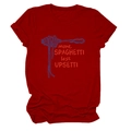 Detail of red cotton T-shirt featuring More Spaghetti Less Upsetti slogan print - S / Red