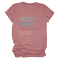 Detail of NICEST MEAN TEACHER EVER colorful text print on mauve cotton t-shirt - Rose Gold