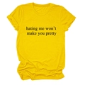 Detail of a bright yellow crew neck t-shirt with slogan hating me won't make you pretty - Yellow (Black Font)