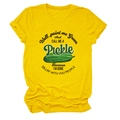 Close-up of yellow cotton T-shirt featuring green pickle print and humorous text - Yellow (Black Text)
