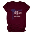 Detailed flat lay of dark burgundy cotton T-shirt with spaghetti graphic print and text - S / Wine Red (White Font)