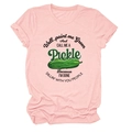 Close-up of the humoristic green pickle graphic print on a pink cotton short-sleeve T-shirt - Pink (Black Text)