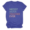Detailed view of Heather Blue t-shirt with NICEST MEAN TEACHER EVER print design - Vintage Blue