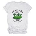 Detail of white cotton T-shirt featuring a green pickle graphic and humorous typography - White (Black Text)