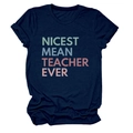 Close-up of retro color block print Nicest Mean Teacher Ever on navy blue cotton T-shirt - Navy Blue