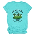 Detail of teal crew neck t-shirt featuring humorous quote and green pickle illustration - Deep Water Blue (Black Text)