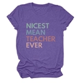 Detailed flat lay of purple cotton blend tee with Nicest Mean Teacher Ever print - Purple