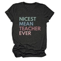Detail of Nicest Mean Teacher Ever print on dark heather grey cotton blend t-shirt - Black Heather Grey