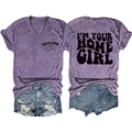 Flat lay of purple V-neck Realtor t-shirt with I'M YOUR HOME GIRL print and denim shorts - Purple Heather (Black Print)