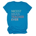 Detail of rolled cuffs on bright blue cotton t-shirt with Nicest Mean Teacher Ever print - Lake Blue