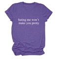 Detail of purple cotton T-shirt featuring 'hating me won't make you pretty' slogan print - Purple (White Font)