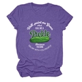 Detailed view of Heather Purple cotton T-shirt featuring funny green pickle graphic and text - Purple (White Text)