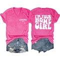 Flat lay of pink V-neck t-shirt with Realtor prints and distressed blue denim shorts - Rose Red (White Print)