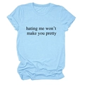 Detail of light blue cotton T-shirt with rolled sleeves and hating me won't make you pretty text - Light Blue (Black Font)