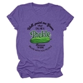 Close-up of purple heather fabric and playful green pickle graphic on a crewneck t-shirt - Purple (Black Text)