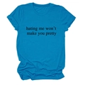 Detail of rolled cuffs and slogan print on a casual teal blue crew neck cotton T-shirt - Lake Blue (Black Font)