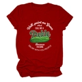 Detail of red cotton T-shirt featuring funny pickle graphic and humorous text slogan - Red (White Text)