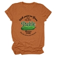 Detail of rust orange cotton t-shirt featuring fun green pickle graphic and artistic text - Burnt Orange (Black Text)