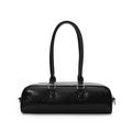 Minimalist black glossy leather cylinder baguette bag with long slim handles and silver hardware - Black