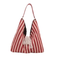 Minimalist red and white vertical striped bucket tote bag with a white lace bow accent - Red