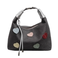 Dark grey bento bag with colorful heart patches and silver metallic handle design - Dark Brown