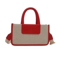 Chic beige canvas and red leather patchwork tote bag with wide detachable shoulder strap - Red