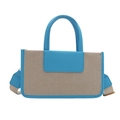 Woven tote bag in sky blue and beige canvas with leather trim and wide shoulder strap - Blue