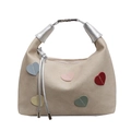 Beige suede handbag featuring colorful embroidered heart patches and silver metallic handles - Off-white