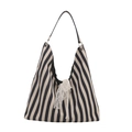 Navy blue and cream striped canvas tote bag with a white lace bow detail - Blue