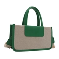 Green and beige woven tote bag with adjustable wide fabric shoulder strap and leather trim - Green