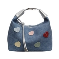 Blue denim hobo bag with colorful heart patches and silver metal handles for women - Denim Blue