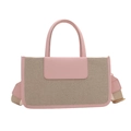 Pink leather and beige canvas拼接 tote bag with adjustable wide fabric strap - Pink