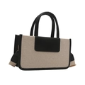 Black and beige woven tote bag with leather handles and a wide shoulder strap - Black
