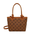 Braune Monogramm-Einkaufstasche mit orangem Lederbesatz und Knotengriff-Details - Braun