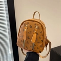 Mini mustard yellow crossbody backpack with cute bear prints and adjustable strap - Brown