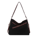 Bolso tote retro de ante negro para mujer con correas de cuero marrón oscuro - Negro