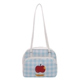Borsa tote a quadri blu e bianchi con stampa mela rossa e manici bianchi - Bianco
