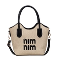 Borsa tote in paglia con ricamo nero e tracolla in pelle dal design moderno - Nero