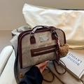 Retro canvas tote bag in taupe with reddish-brown leather trim and bear pendant - With Pendant / Red