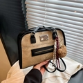 Retro canvas tote bag in khaki and black with plush bear charm and leather handles - With Pendant / Khaki