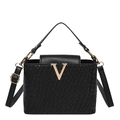 Borsa a tracolla nera intrecciata con motivo a coccodrillo e chiusura a V dorata - Nero