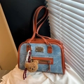 Vintage denim tote bag with brown leather trim and cute plush bear accessory - With Pendant / Brown